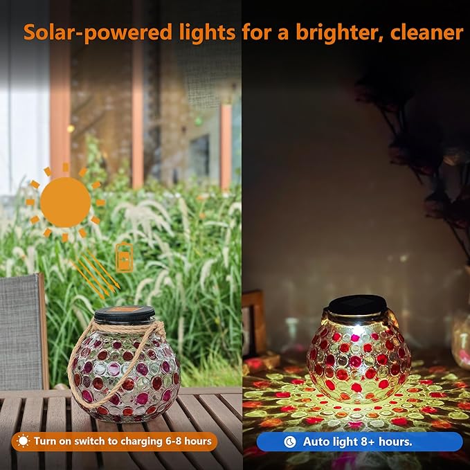 Mosaic Solar Lights Outdoor,Garden Hanging Camping Lanterns Lamp Waterproof, Solar-Powered Led Light for Women Mom Grandma Yard Patio Lawn Pathway Porch Garden Birthday Chrismas Party Décor