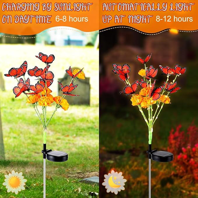 Riakrum 12 Pack Dia De Los Muertos Outdoor Decorations, Solar Marigold Lights with Monarch Butterflies Garden | Lumora