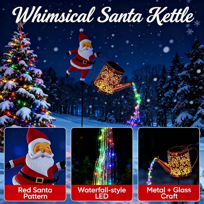 Christmas Santa Solar Kettle Lights Garden Lawn Decorative Lights, Outdoor Waterproof Solar Santa Claus Decoration with LED Light, for Backyard Lawn Patio (Color Lights,2pc)