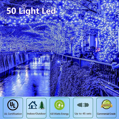 25ft 50 Counts Blue LED Christmas Lights - Commercial Grade Outdoor Waterproof, Wide Angle Green Wire, Xmas Tree Lights, IP65, UL Listed