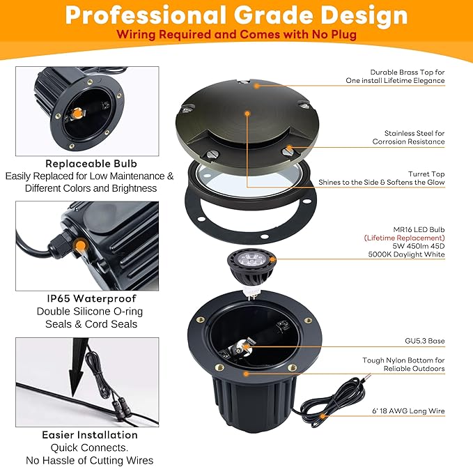 Gardenreet Low Voltage Landscape Well Lighting - Brass In-Ground Ip65 Hardwired Replaceable Bulb Light, 12V LED | Lumora