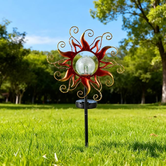 Solar Lights Outdoor Waterproof Red Sun Metal Crackle Glass Stake Decorative for Outside,Yard,Lawn,Patio,Walkway | Lumora