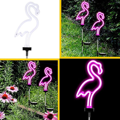 Flamingo Solar Lights Outdoor Neon Light Yard Pink Flamingo Waterproof Decorations for Garden Patio Yard Pathway Decoration(2 Pack)