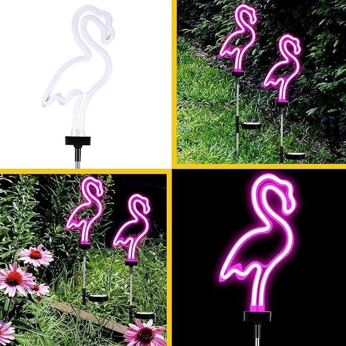 Flamingo Solar Lights Outdoor Neon Light Yard Pink Flamingo Waterproof Decorations for Garden Patio Yard Pathway Decoration(4 Pack)