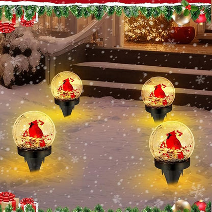 WILLBOND 4 Pcs Cardinal Bird Solar Light Outdoor Glass Ball Red Bird Solar Globe Ground Lights Christmas Lawn Garden Pathway Yard Ornaments for Patio Porch Decorations Mom Gift