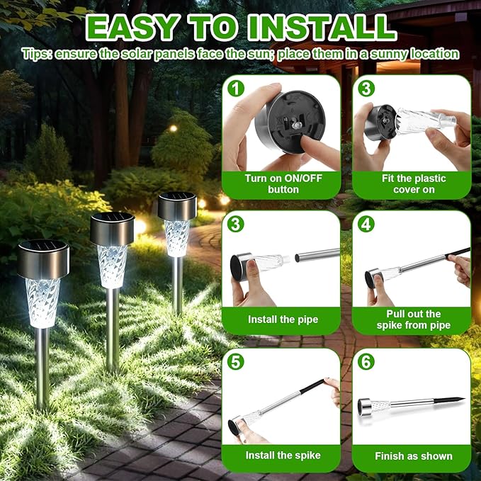 50 Pack Solar Pathway Lights Outdoor Bulk, Stainless Steel LED Path Lights, Weather Resistant Solar Stake Light with Auto On/Off Sensor for Lawn, Patio, Driveway, Walkway, Garden Path