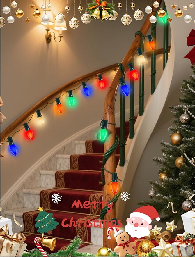 Multicolor C9 Christmas Lights Ceramic, C9 25Ft Vintage Incandescent String Lights with 27 Opaque Bulbs (2 Spare) for Christmas Tree Patio Roofline Outdoor Indoor Holiday Xmas Decorations
