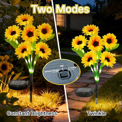 Anothera 2Pcs Solar Sunflower Lights Features Flashing or Steady-on Modes, Waterproof Sunflower Garden Lights for Outdoor Patio, Lawn, Valentine's Day Gifts for Wife and Girlfriend