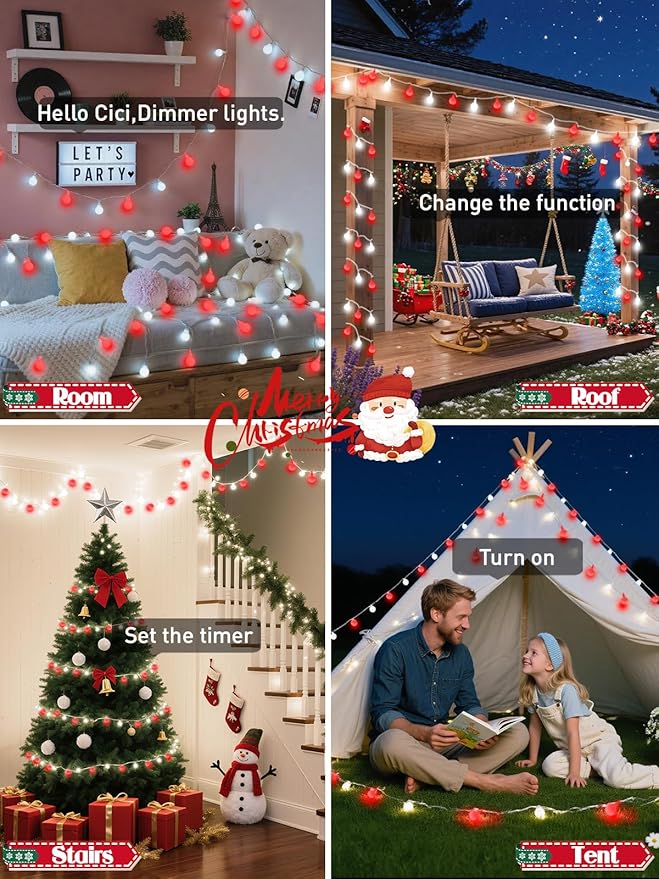 2025 New Connectable 43FT Smart Voice Controlled Christmas String Lights Indoor Outdoor | 100LED Red and White Globe Twinkle Lights with Remote & Timer | 12 Modes Waterproof Christmas Tree Decorations