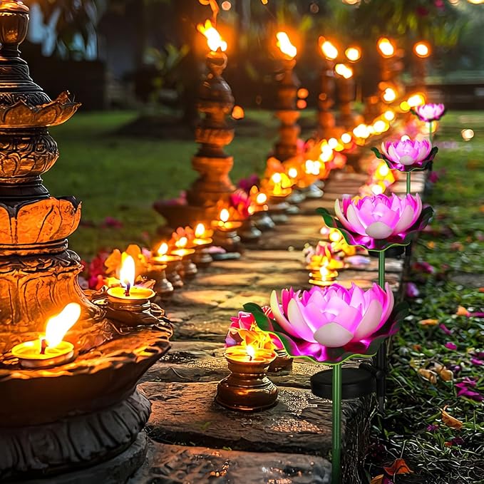 4 Pcs Solar Diwali Decoration Outdoor Diwali Lotus Lamp Decorations Solar Pathway Lights LED Waterproof Lotus Lights with Water Lily Outdoor Decor Garden Indian Temples Pooja Gifts