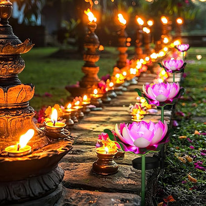 4 Pcs Solar Diwali Decoration Outdoor Diwali Lotus Lamp Decorations Solar Pathway Lights LED Waterproof Lotus Lights with Water Lily Outdoor Decor Garden Indian Temples Pooja Gifts