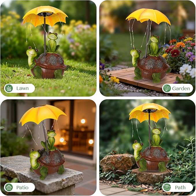 Solar Garden Statues Decor Turtle & Frog with LED Lights and Umbrella, Outdoor Garden Statues, Yard Statue Decorations for Patio, Balcony Housewarming, Lawn Ornaments Gifts for Women