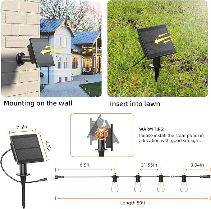 Kawaya Solar Powered String Lights: 50 FT LED Outdoor Patio Hanging Lights with 25+2 Edison Bulbs - USB-Charging - IP65 Waterproof