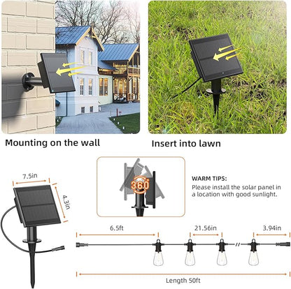 Kawaya Solar Powered String Lights: 50 FT LED Outdoor Patio Hanging Lights with 25+2 Edison Bulbs - USB-Charging - IP65 Waterproof