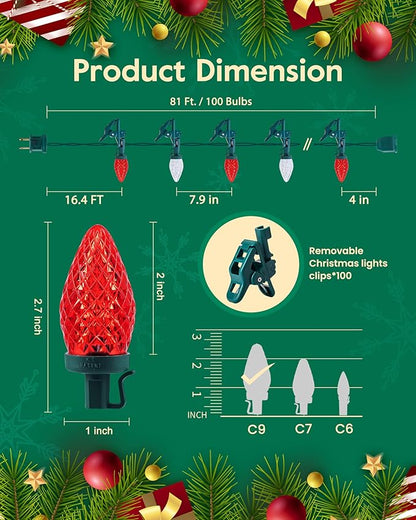 C9 LED Christmas Lights Outdoor with 100 Spring Clips, 65FT 100 LED C9 String Lights Waterproof Connectable for Roofline Patio House Yard Windows Xmas Tree Indoor Outdoor Christmas Decor, Red White
