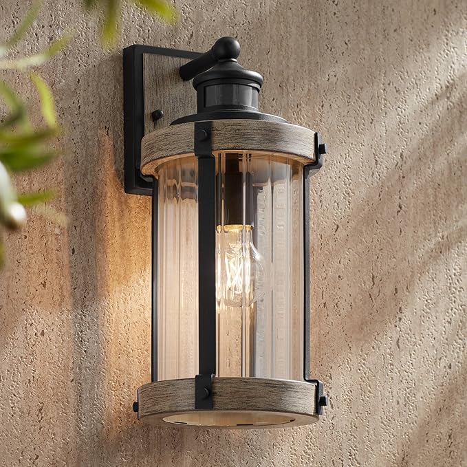 John Timberland Stan Rustic Outdoor Wall Light Fixture Wood Finish Black 15 1/2" Pleated Glass Motion Sensor Dusk to Dawn Decor for Exterior House Porch Patio Outside Deck Garage Yard Front Door