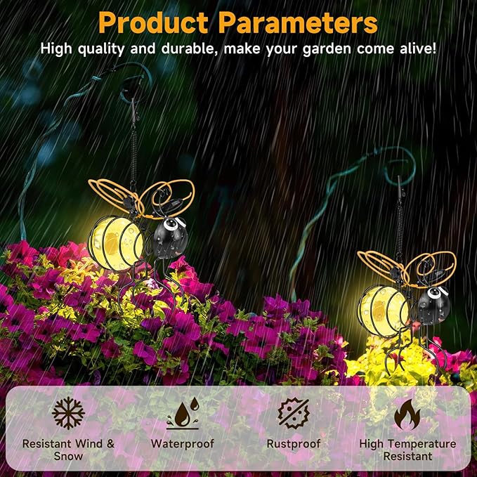 Solar Hanging Bees Lights 2 Packs - Cute Solar Insect Lights Outdoor Waterproof, Metal LED Bugs Lamp Garden | Lumora