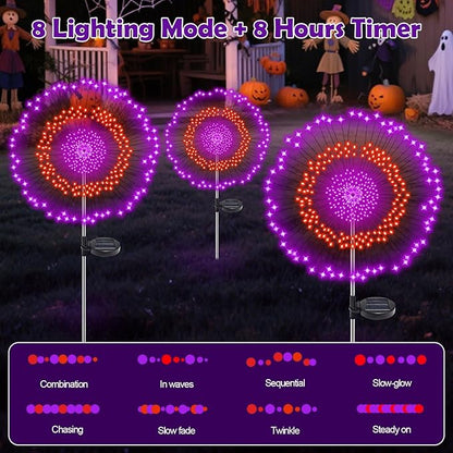 4 Pack Solar Halloween Lights Outdoor, 720 LED Orange & Purple Solar Firework Lights with 8 Lighting Modes, Waterproof Garden Lights for Yard Patio Pathway Spooky Outside Halloween Decorations