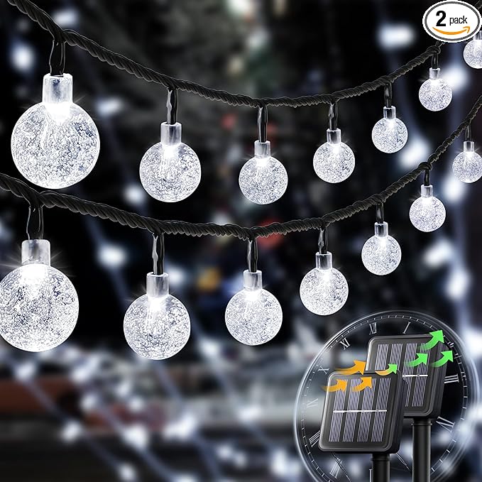 2-Pack 30 LED 20FT Solar String Lights Outdoor, Crystal Globe Lights with 8 Lighting Modes, Waterproof Solar Powered Patio Lights for Garden Yard Porch Wedding Party Decor (White)