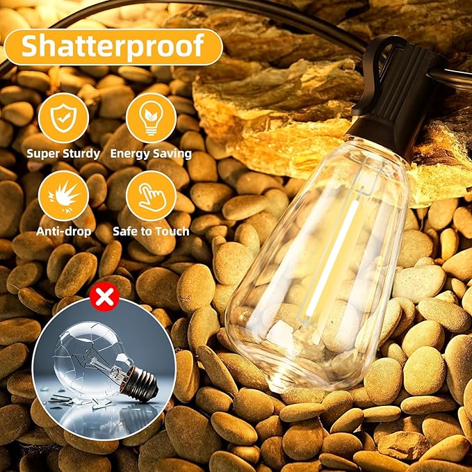 ST38 50FT LED Outdoor String Lights with 25+2 Spare Bulbs, E12 Socket, 2700K Warm White-for Backyard, Wedding | Lumora