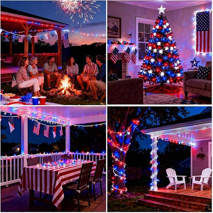 Red White and Blue String Lights,4th of July Decoration,23.3FT-70 Lights LED String Lights, Fairy Lights for Independence Day President Day Memorial Day Plug in IP68 Waterproof