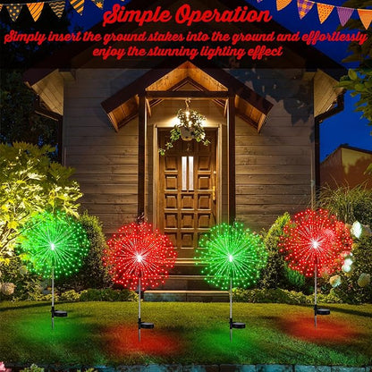 4th of July Decorations Outdoor 4 Pack Colored Solar Firework Lights with 180 LED Patriotic Solar Lights 8 Lighting Modes for Yard Pathway Garden Patio Party Decorations(Red Green)