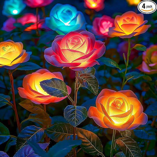 WdtPro Solar Garden Lights Outdoor, 4 Pack Solar Light Outdoor with 20 Rose Flowers, Waterproof 7 Color Changing Solar Powered Flowers Lights for Outside Patio Yard Pathway