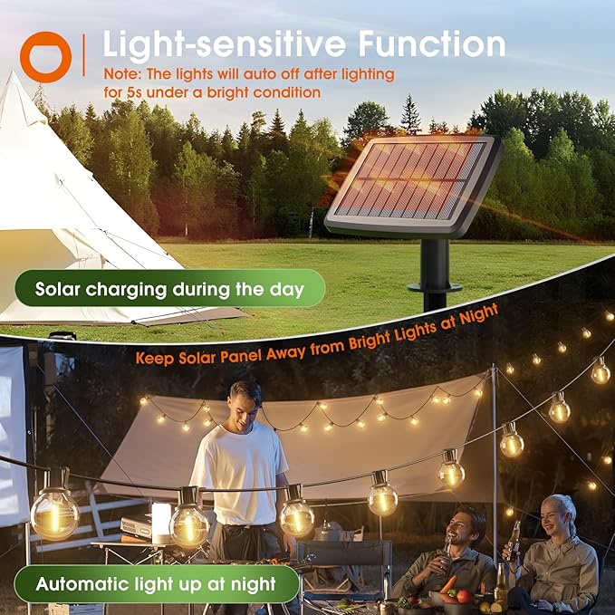 addlon 56FT(50+6) Solar String Lights Outdoor with Remote, 27 Shatterproof G40 Bulbs, Solar Powered & USB Charging Patio Lights, Dimmable Waterproof Solar String Lights for Outside, Camping, Backyard