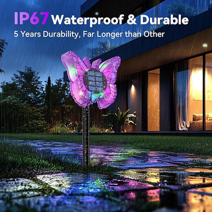 Solar Butterfly Lights Outdoor-Color-Changing 3D Glow-2-in-1 Wall & Ground-Butterfly Lights for Outside-Waterproof Garden Decorations for Patio Lawn Yard Fence Backyard Decor (4 Pack)