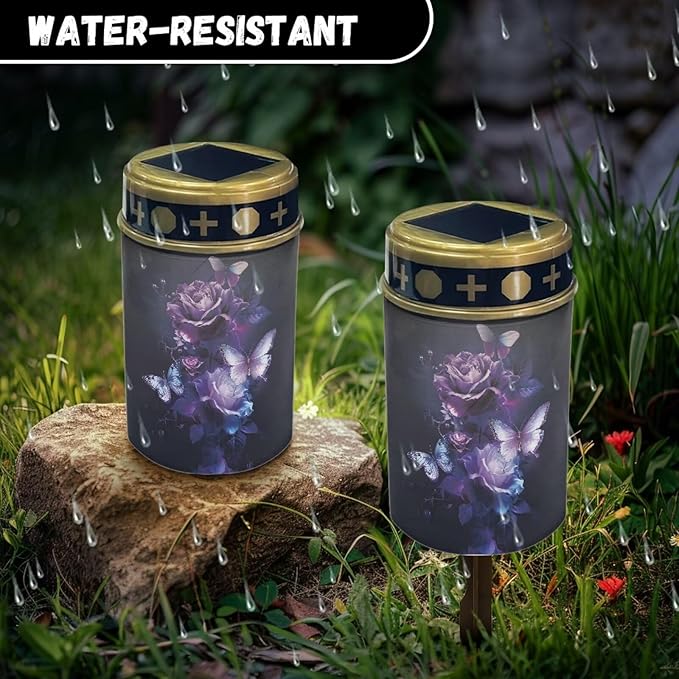 Butterfly Rose Solar Lights for Cemetery Grave Solar Lights for Cemetery Memorial Stake Solar Lights Waterproof Outdoor Garden Stake Solar Cemetery Cross for Grave Yard Decorations