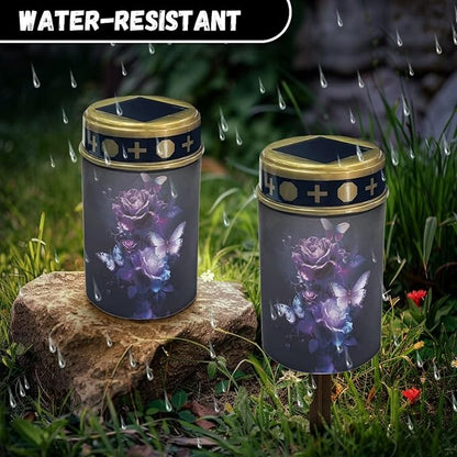 Butterfly Rose Solar Lights for Cemetery Grave Solar Lights for Cemetery Memorial Stake Solar Lights Waterproof Outdoor Garden Stake Solar Cemetery Cross for Grave Yard Decorations