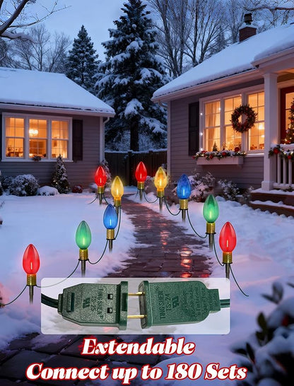 C9 LED Christmas Pathway Lights 7Ft Multicolor Pathway Christmas Lights Walkway Light Outdoor with 4 Colorful Clear Bulbs, Connectable Holiday Commercial Xmas Decoration- Green Wire