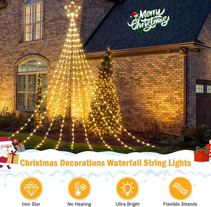 Brightown Christmas Decorations Star String Lights - 660 LED 24ft 9 Strands Waterfall Tree Lights with Topper Star, 8 Lighting Modes Indoor Outdoor Decorative Lights for Wedding Yard Party Home