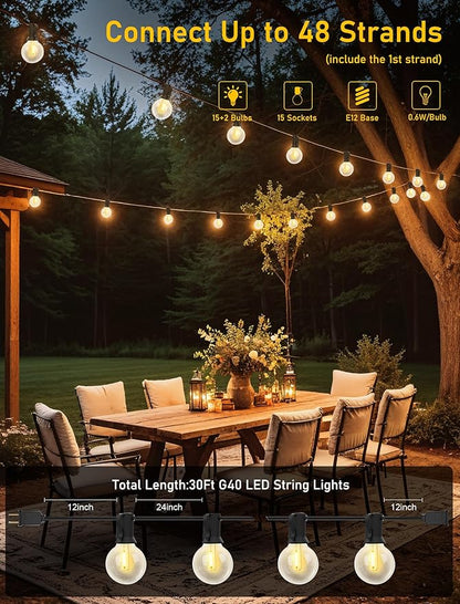 30FT LED Outdoor String Lights, G40 Globe Patio Lights with 17 Shatterproof G40 Vintage Edison Bulbs(2 Spare), UL Listed for Garden, Wedding, Market, Porch, Bistro Backyard Holiday Decor, Black Wire