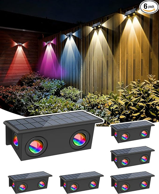 T-SUN Solar Fence Lights Outdoor 6 Pack, Solar Lights with Brighter LED Focus Lens, 8 Mode RGB Warm White Color Changing, Waterproof Fence Lights Solar Powered for Yard Patio Step Railing Pool Decor