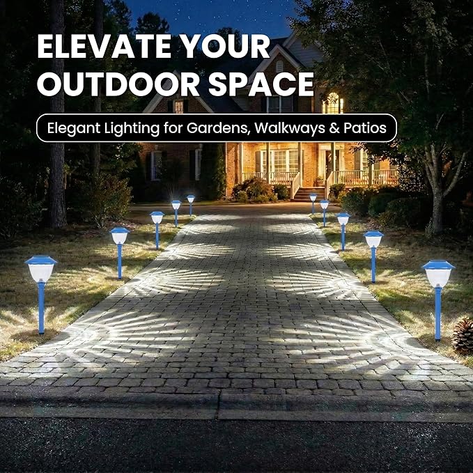 Energizer Outdoor Patio Light - 8 Pack Solar Garden Decor Lights with 15 Lumen Output & Patterned Glass & Metal Finish, Simple to Install Waterproof Ground Solar Lights for Driveway Decor - Blue