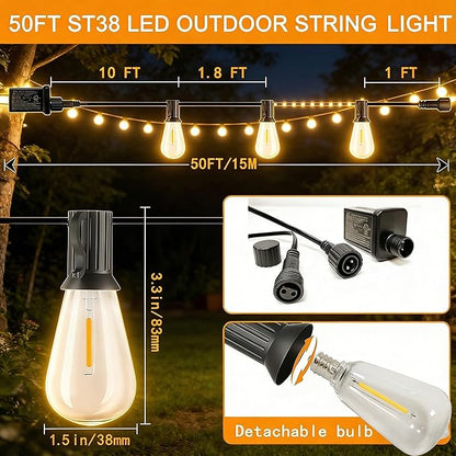 Outdoor LED String Lights with 50 Feet 26 Edison Plastic Bulbs(1 Spare), Waterproof Hanging Lights for Patio Backyard Porch Balcony Party Decoration