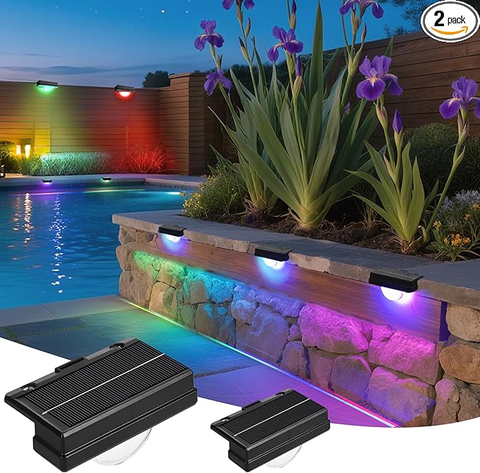 2 Packs Solar Step Lights Outdoor Waterproof, Solar Fence Lights RGB Color Changing, Outdoor Stairs Light for Garden, Patio,Garden,Poolside,Fence,Wall