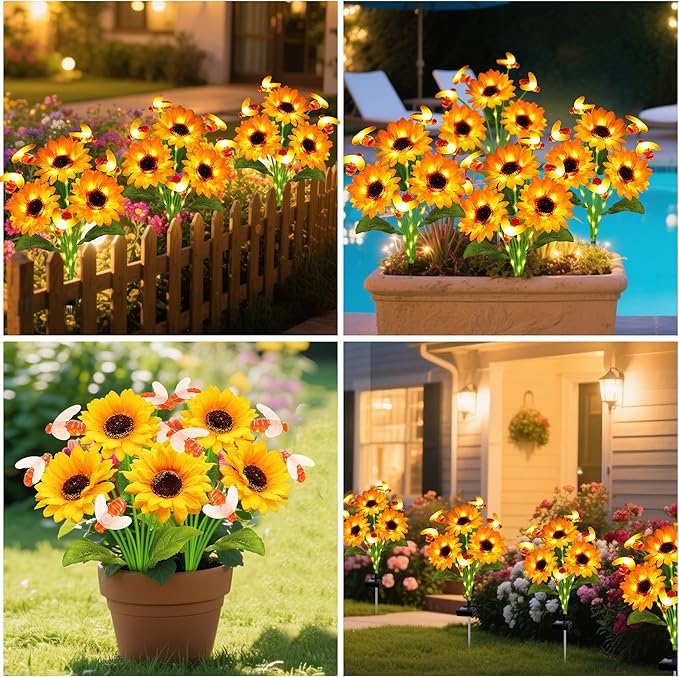 Solar Garden Lights 2 Pack Solar Swaying Bee Lights with Sunflowers, Gifts for Mom Women Mothers Day, Waterproof | Lumora