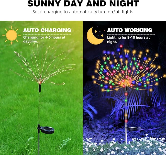 2 PCS Solar Firework Light with Rainbow Tube, 120 LEDs Outdoor Solar Garden Decorative Lights IP65 Waterproof String DIY Landscape Light for Walkway Pathway Backyard Christmas Decoration(Multi-Color)