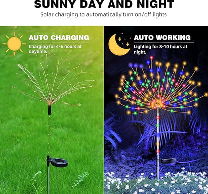 2 PCS Solar Firework Light with Rainbow Tube, 120 LEDs Outdoor Solar Garden Decorative Lights IP65 Waterproof String DIY Landscape Light for Walkway Pathway Backyard Christmas Decoration(Multi-Color)