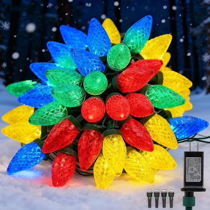 C9 LED Christmas Lights Outdoor,33 Feet 50 LED 8 Lighting Modes Waterproof Connectable Christmas String Lights for Outside Roofline Patio Home Xmas Decorations (Multicolored)