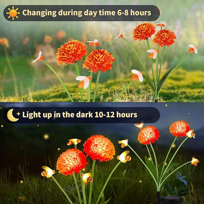 Solar Garden Lights Outdoor, 4 Pack Solar Flowers Lights with Bee, Waterproof Outdoor Solar Swaying Flowers Lights for Garden Yard, Patio, Pathway, Wedding, Festival Decor, Gift for Women/Mom