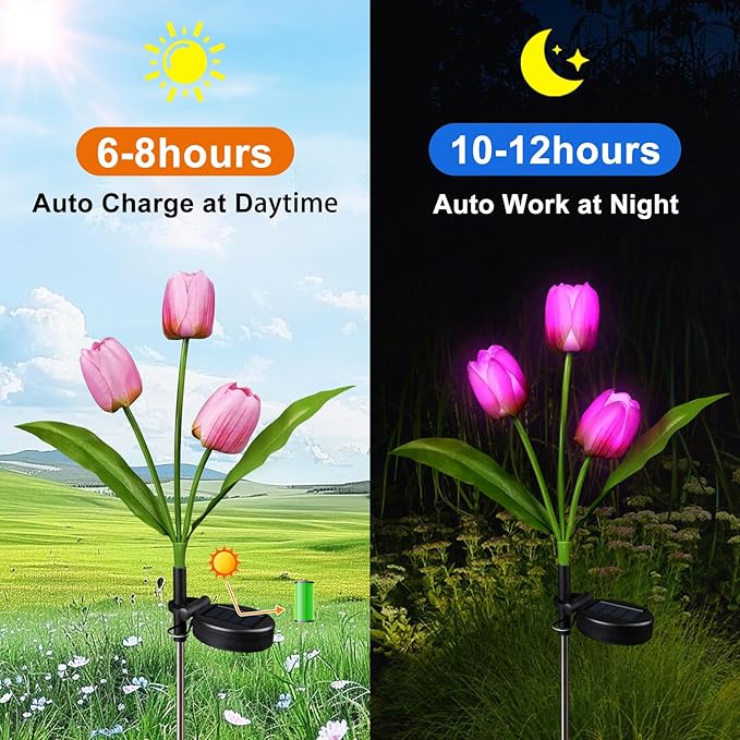 Aolyty Solar Flower Lights Outdoor, IP65 Waterproof Solar Tulip Lights LED Garden Stake Lights for Pathway Lawn Patio Yard Landscape Decorative
