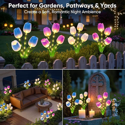 Solar Tulip Lights Outdoor: 3-Pack Solar Flower Garden Lights with Bendable Stems - IP65 Waterproof 800mAh for 12H Lighting - Auto On/Off Garden Decor - Gifts for Mom - Blue Purple White