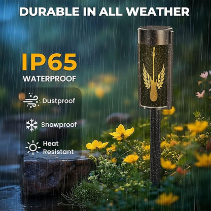 4 Pack Solar Pathway Lights Outdoor Waterproof Rock Music Graphic Design Old Effect Guitar Wings Solar Garden Lights LED Landscape Lighting for Yard Walkway Lawn Garden Decor