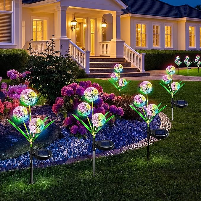 Solar Garden Decorative Lights, Dandelion, LED Lawn Lights, Suitable for Yards, Paths, Sidewalks, Parks, Landscape Decoration, for Women, 4 Pack (Colored Light)