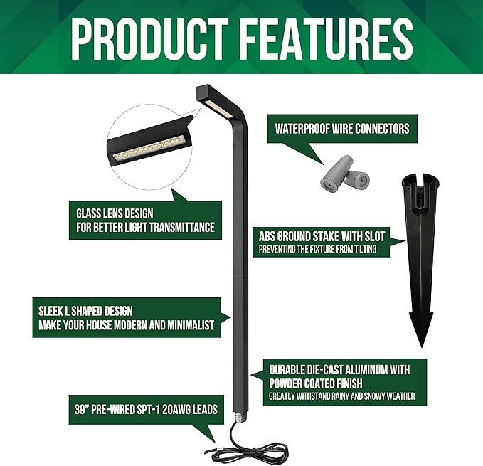 GKOLED Low Voltage Landscape Lighting, Outdoor LED Path Lights, 3W 9-15V AC/DC Garden Light for Yard, Lawn, Pathway, Walkway, Die-cast Aluminum Housing, Black, 6 Pack