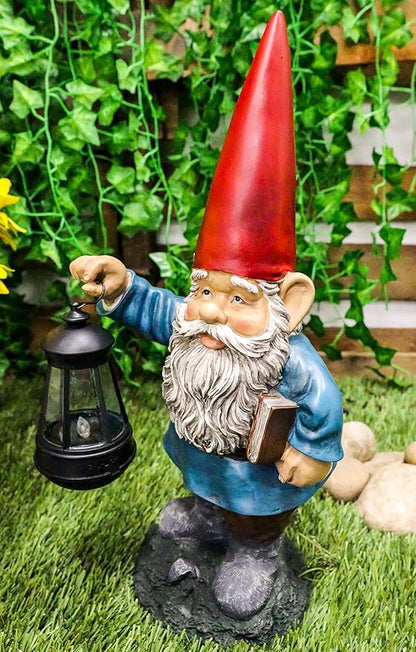 Ebros Gift Whimsical Enchanter Gnome Holding Book of Spells Statue 17.25" H Solar Path LED Light Garden Greeter Figurine Home Decorative Patio Figurine Courtesy Light