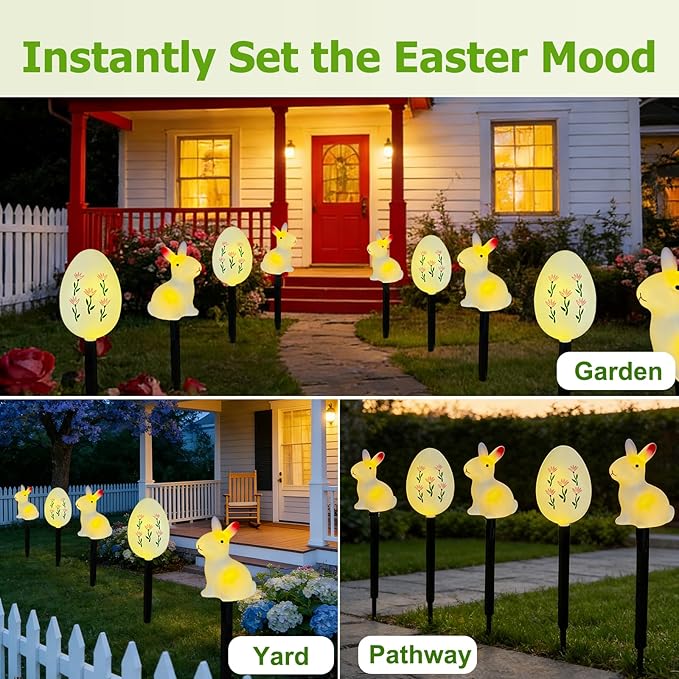 AVEKI 5 Pcs Easter Bunny and Egg Solar Pathway Lights Outdoor, Stake Lights with Steady & Flashing Modes, Waterproof Outdoor Garden Lights for Easter Decorations Yard Pathway (Bunny and Egg)